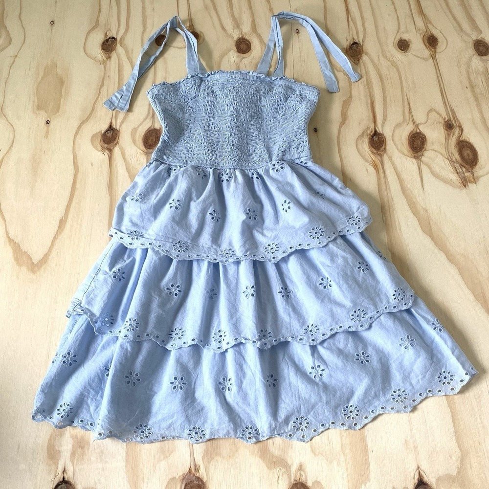 Eyelet Dress Size Small Boho Baby Blue Smocked Tiered  100% Cotton